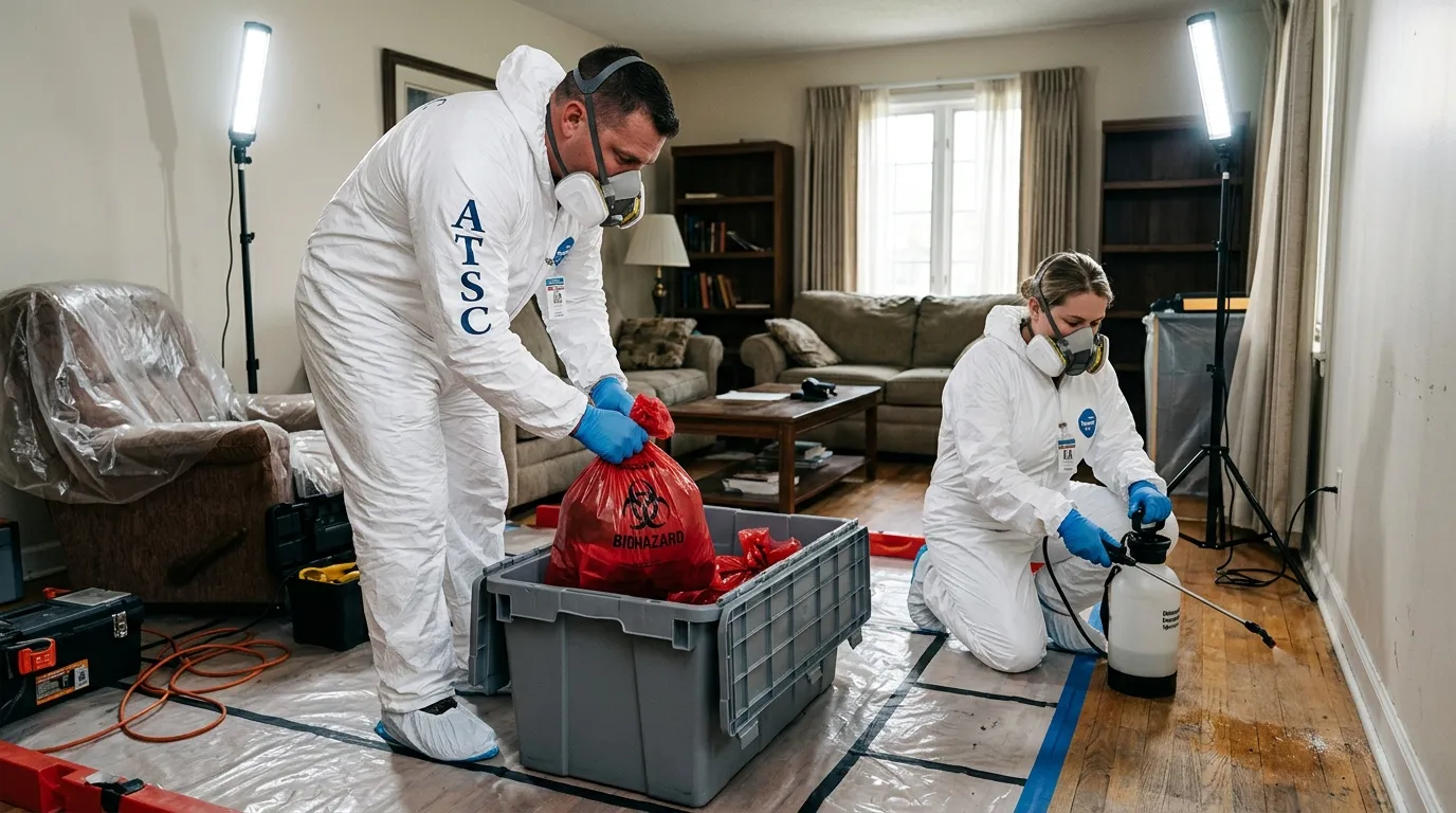 Professional Biohazard Cleanup technician in full PPE working in Flower Mound